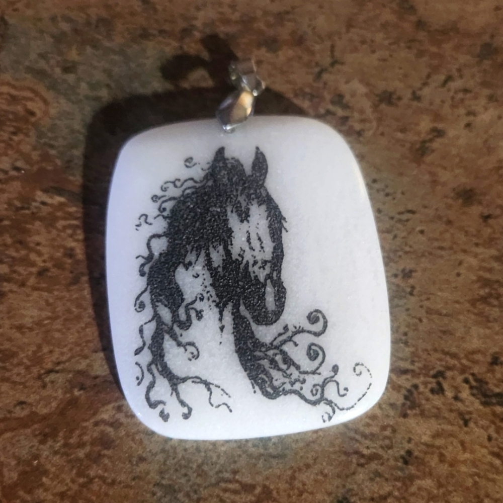 Artistic Horse Pendant, Hand carved in stone. Approximately 1 3/4 x 2 1/4"